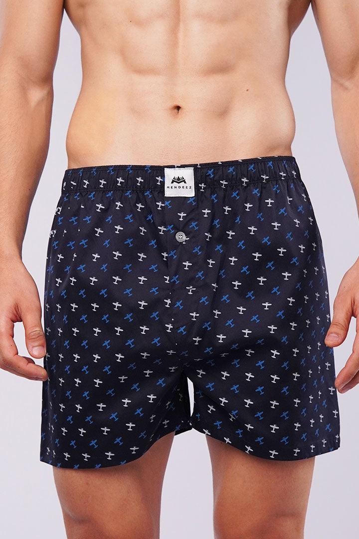 Printed Woven Boxer Shorts - Navy Blue - Mendeez