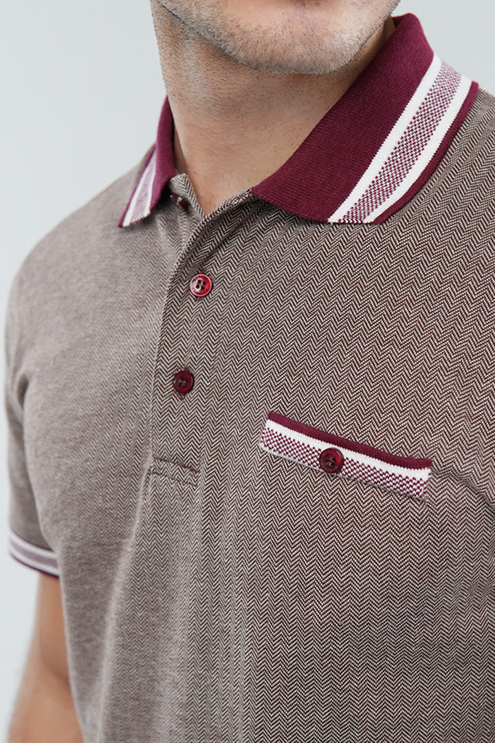 Herringbone Polo Shirt - Brown - Mendeez
