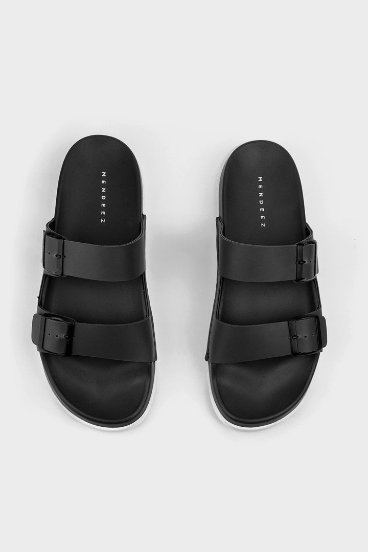 Faux Leather Slippers - Black - Mendeez