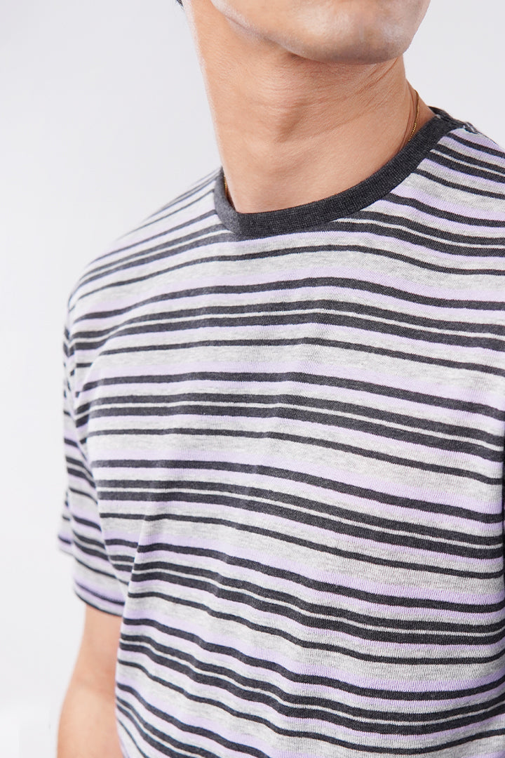 Striped Curved Hem T-Shirt - Heather Grey - Mendeez
