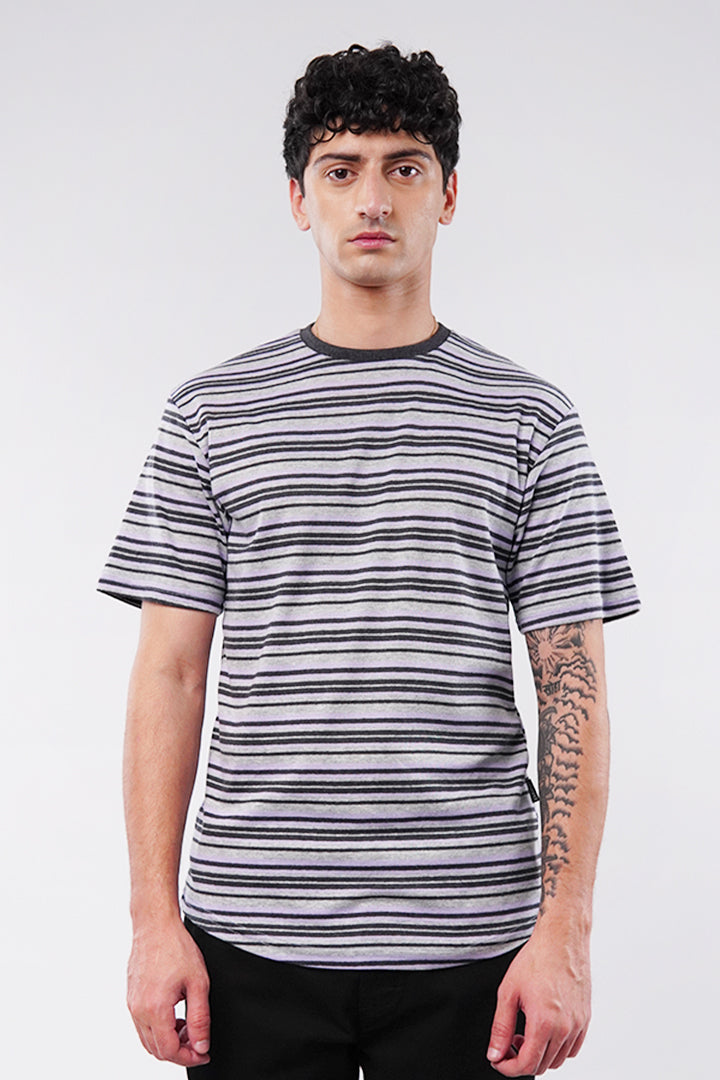 Striped Curved Hem T-Shirt - Heather Grey - Mendeez