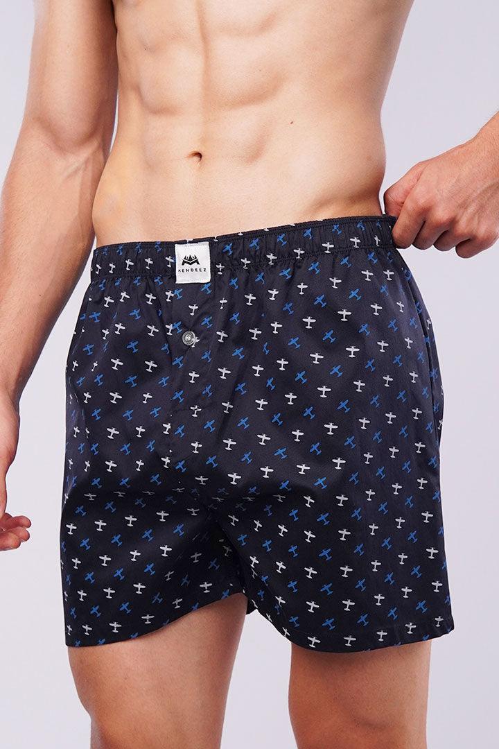 Printed Woven Boxer Shorts - Navy Blue - Mendeez