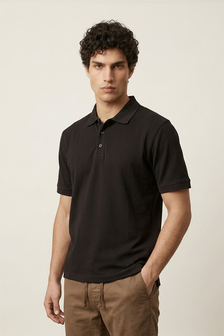 Jacquard Textured Polo - Black - Mendeez