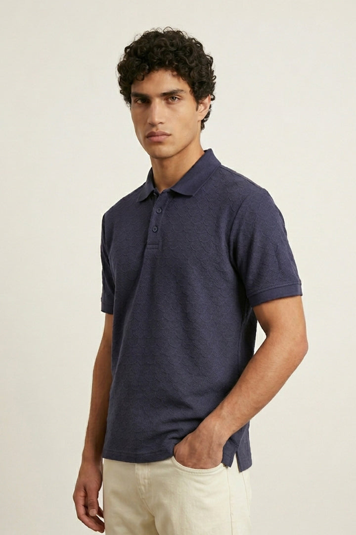 Jacquard Textured Polo - Navy Blue - Mendeez