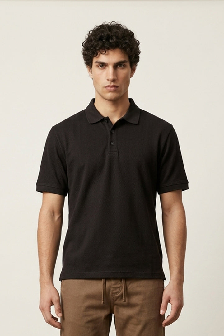 Jacquard Textured Polo - Black - Mendeez