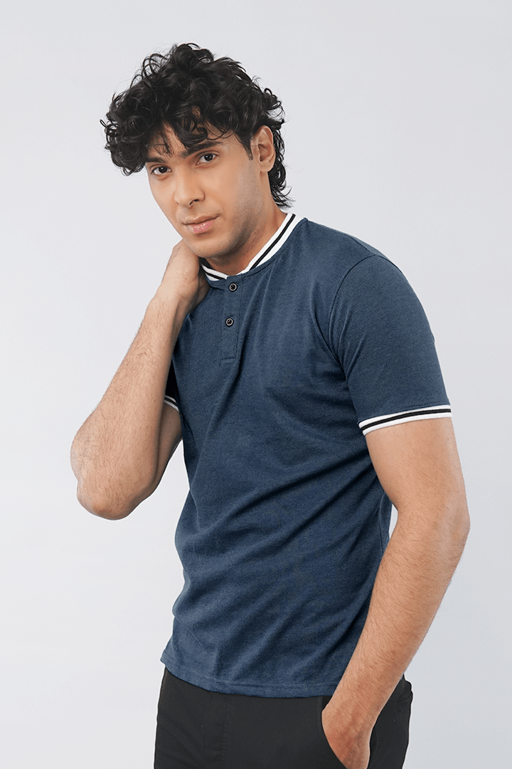 DENIM BLUE PIQUE HENLEY T-SHIRT - Mendeez PK 