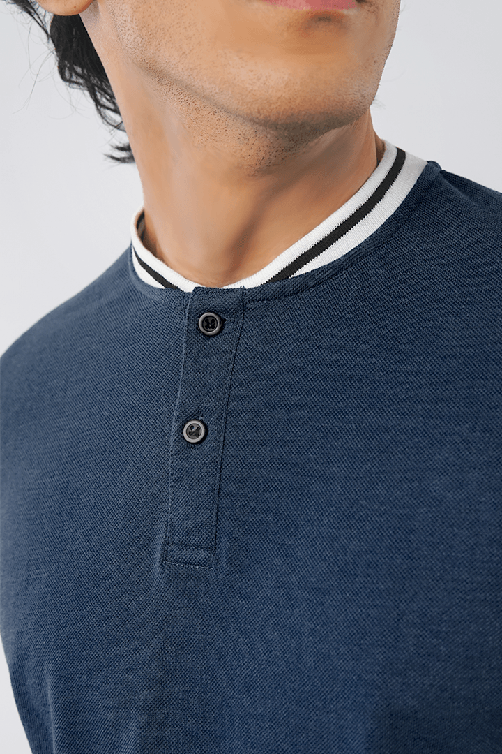 DENIM BLUE PIQUE HENLEY T-SHIRT - Mendeez PK 