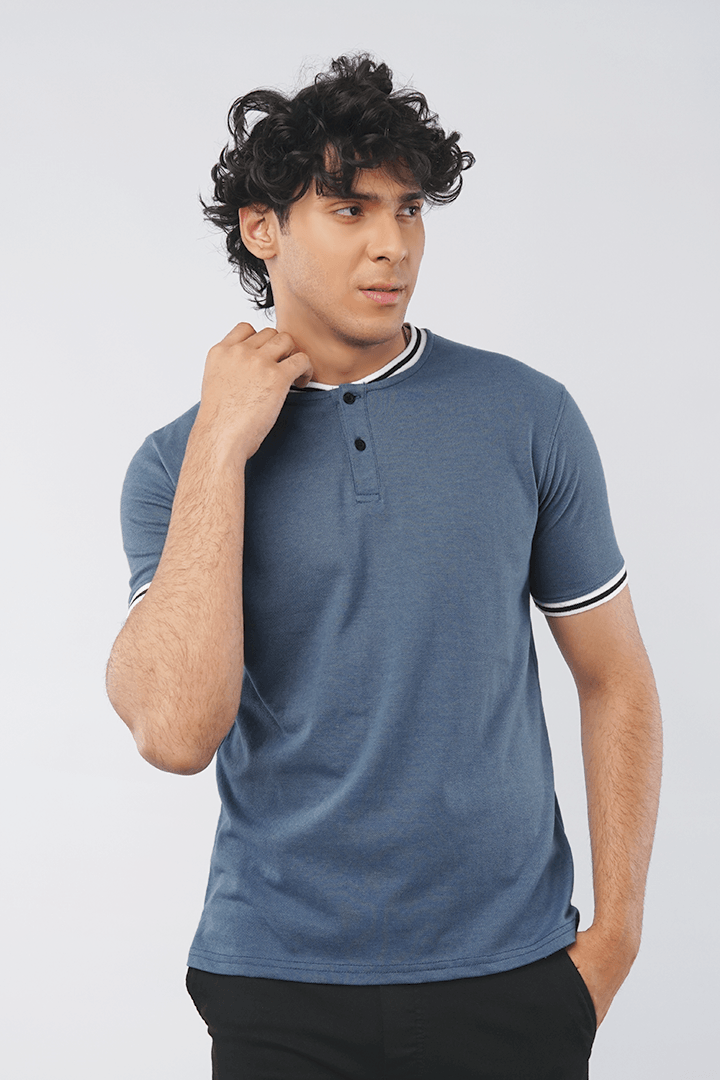 Heather Blue Pique Henley T-shirt - Mendeez PK 