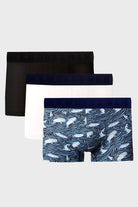 Boxer Trunks - Black, White & Printed Blue Pack Of 3 - Mendeez