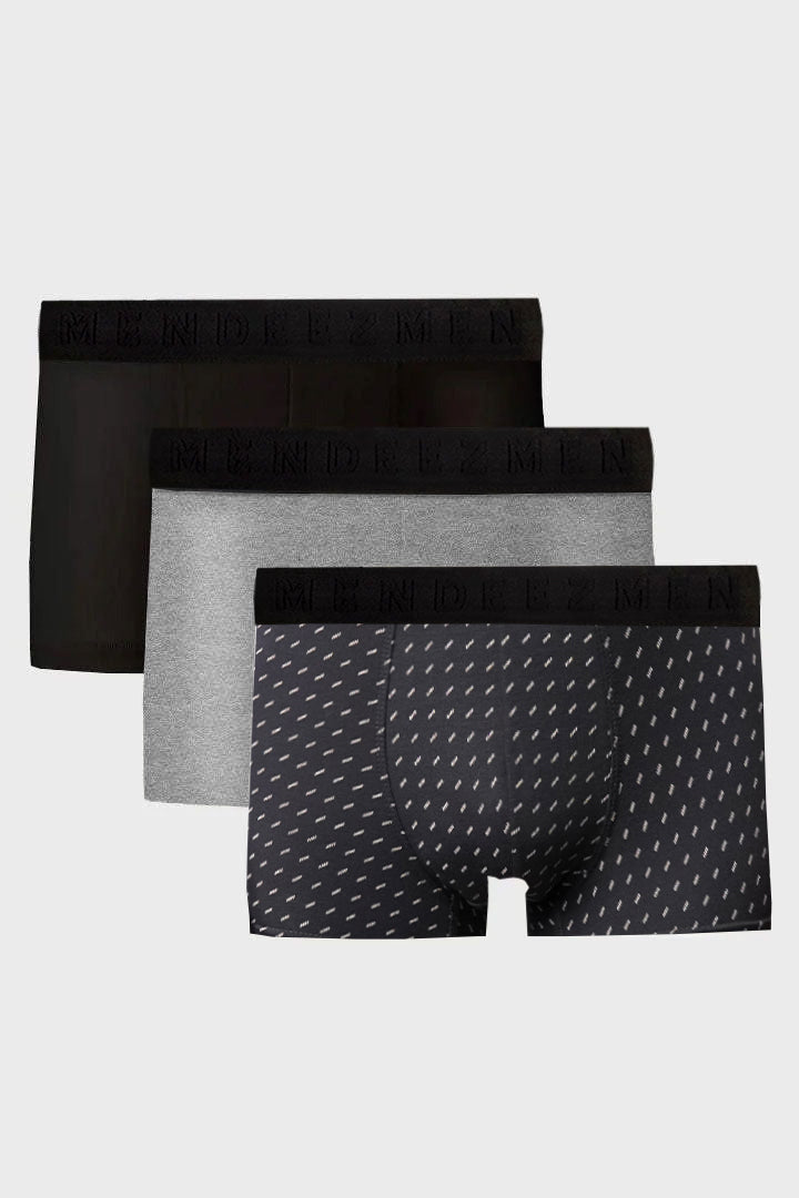 Boxer Trunks - Black, Grey & Printed Greyish Blue Pack Of 3 - Mendeez
