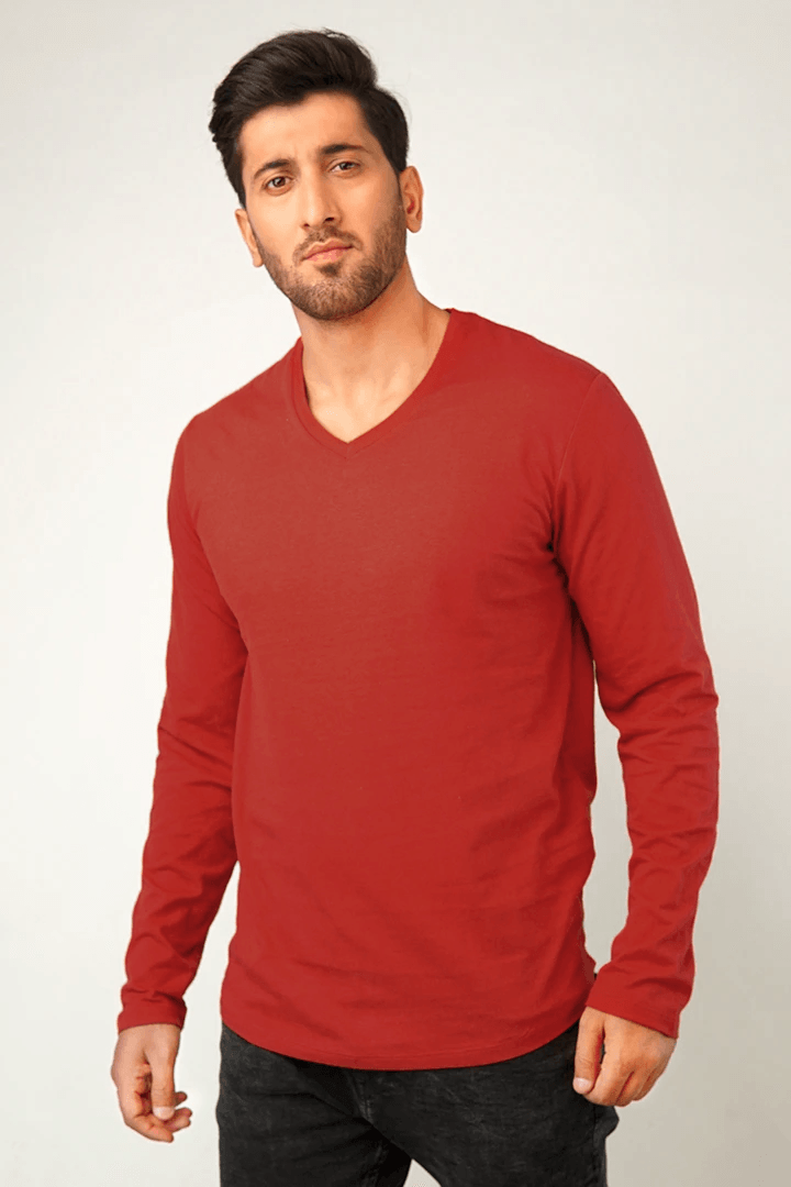 Maroon V Neck Full Sleeve T Shirt