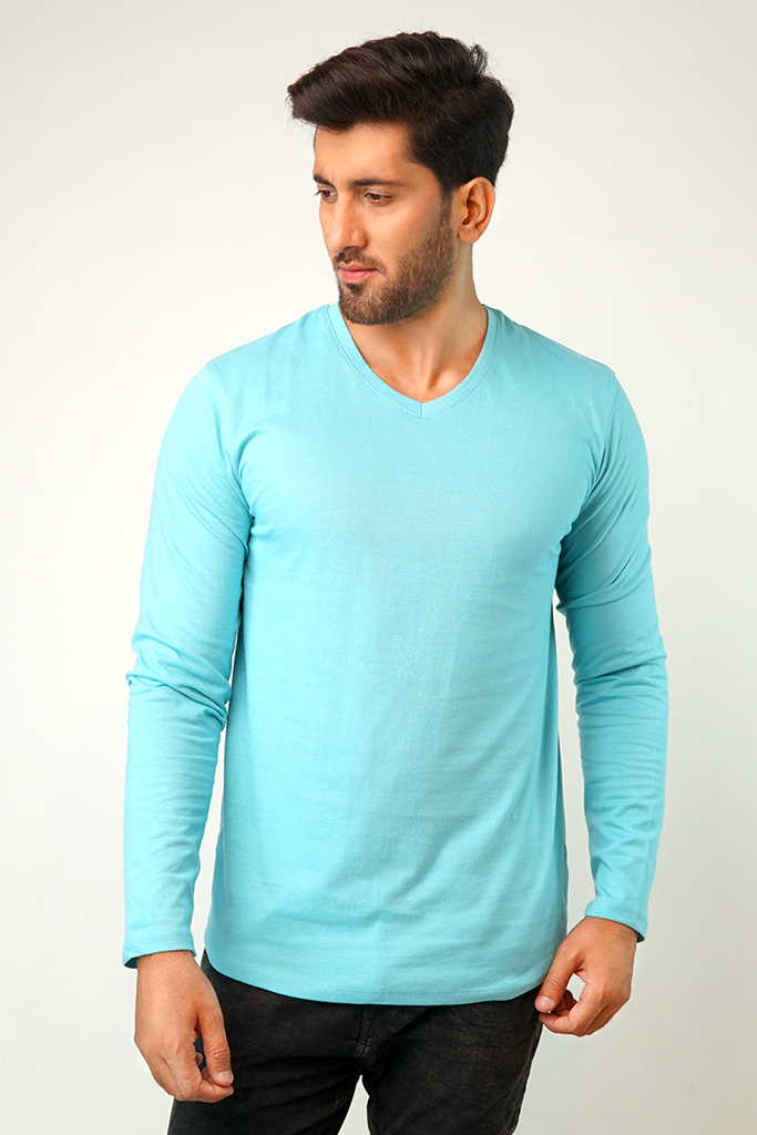 Pale Blue V-Neck Full Sleeve T-Shirt - Mendeez PK 