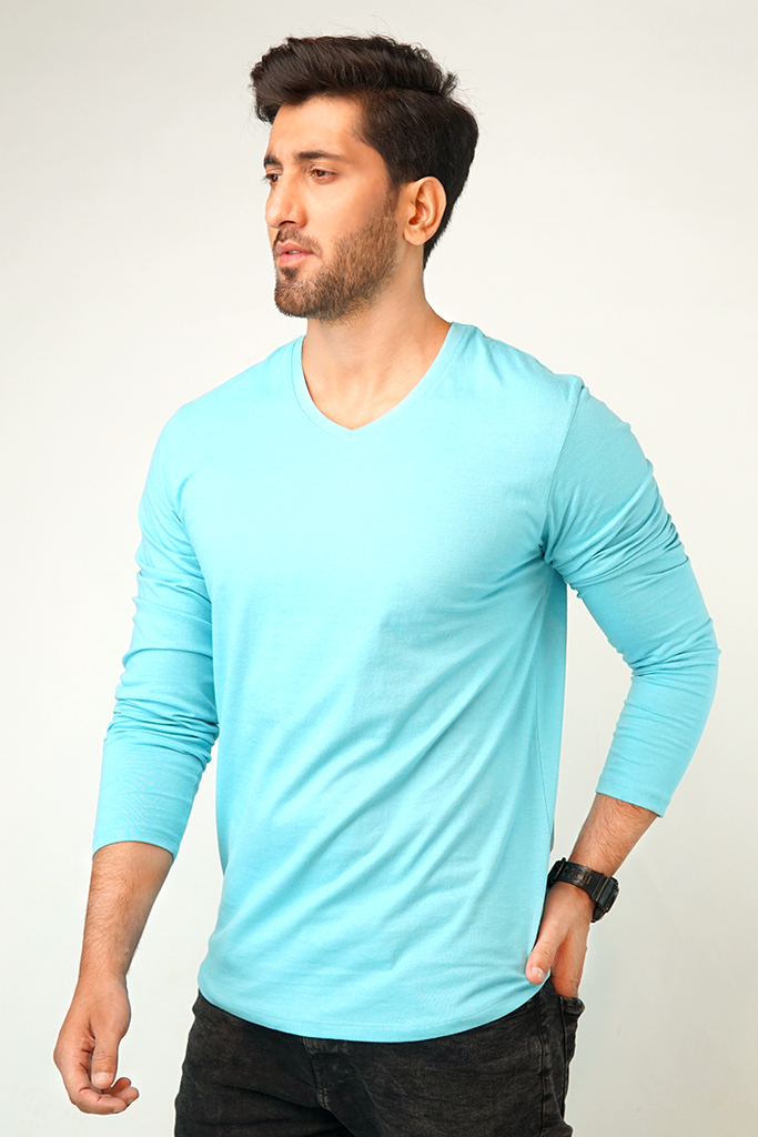 Pale Blue V-Neck Full Sleeve T-Shirt - Mendeez PK 