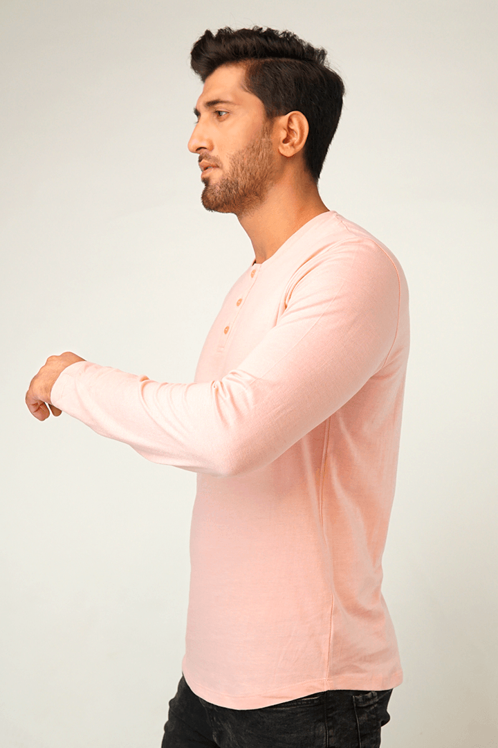 Pastel Pink Full Sleeve Henley T-Shirt - Mendeez PK 