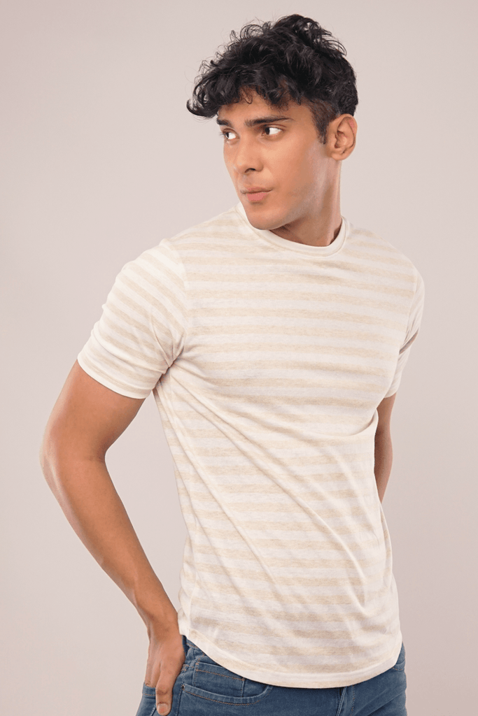 Creamy Stripes Half Sleeve T-Shirt-MENDEEZ-T-Shirts