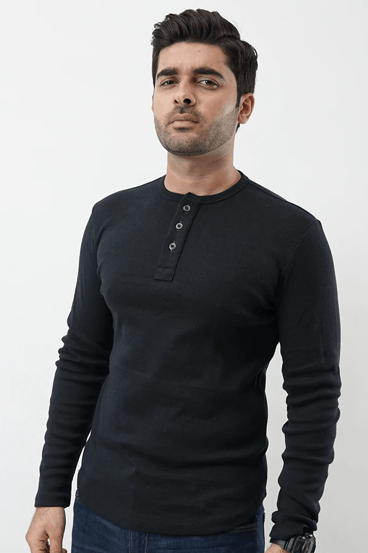 Henley Full Sleeves T-shirt - Black - MENDEEZ (4533259632749)