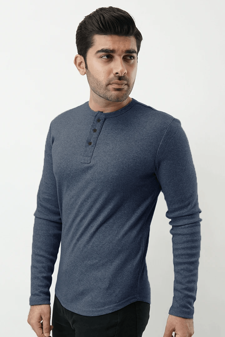 Henley Full Sleeves T-shirt - Navy Blue - MENDEEZ (4538026983533)