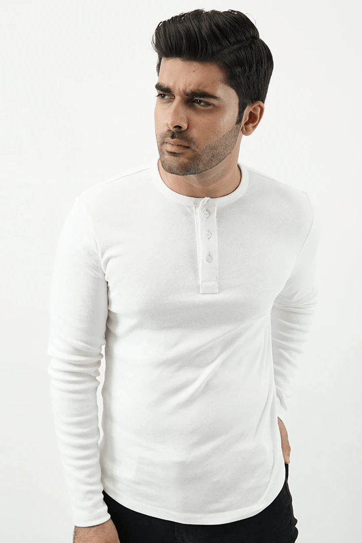 Henley Full Sleeves T-shirt - White - MENDEEZ (4533259501677)