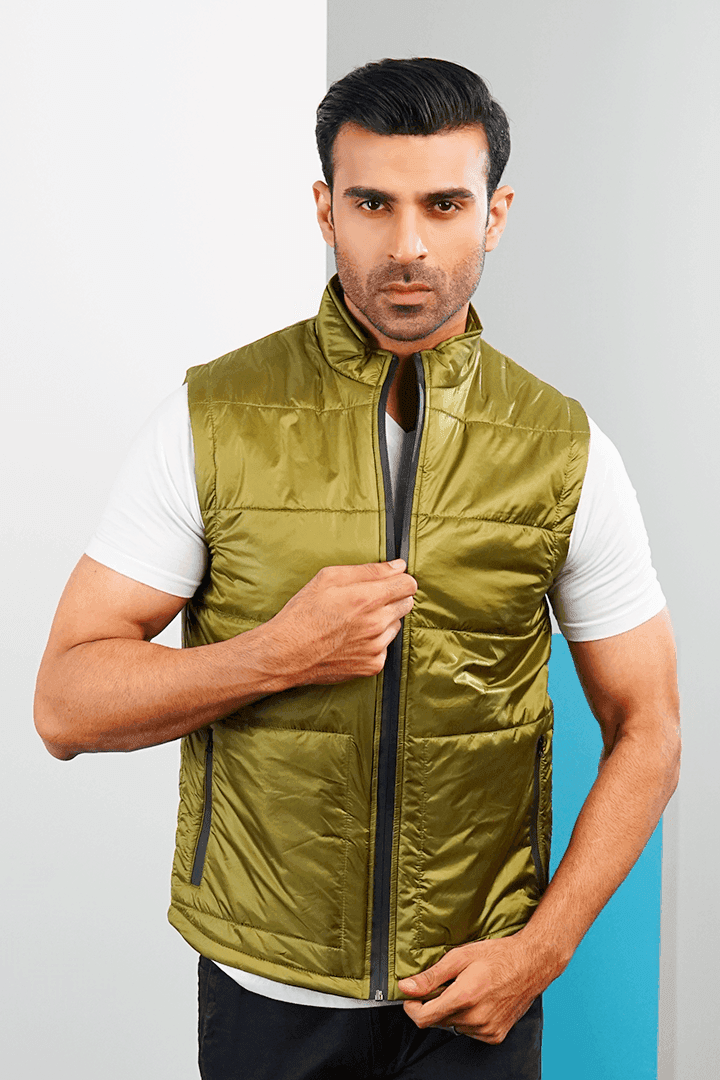 Buy Lime Gold Moondust Metallic Sleeveless Puffer Jacket Online in Pakistan from Mendeez