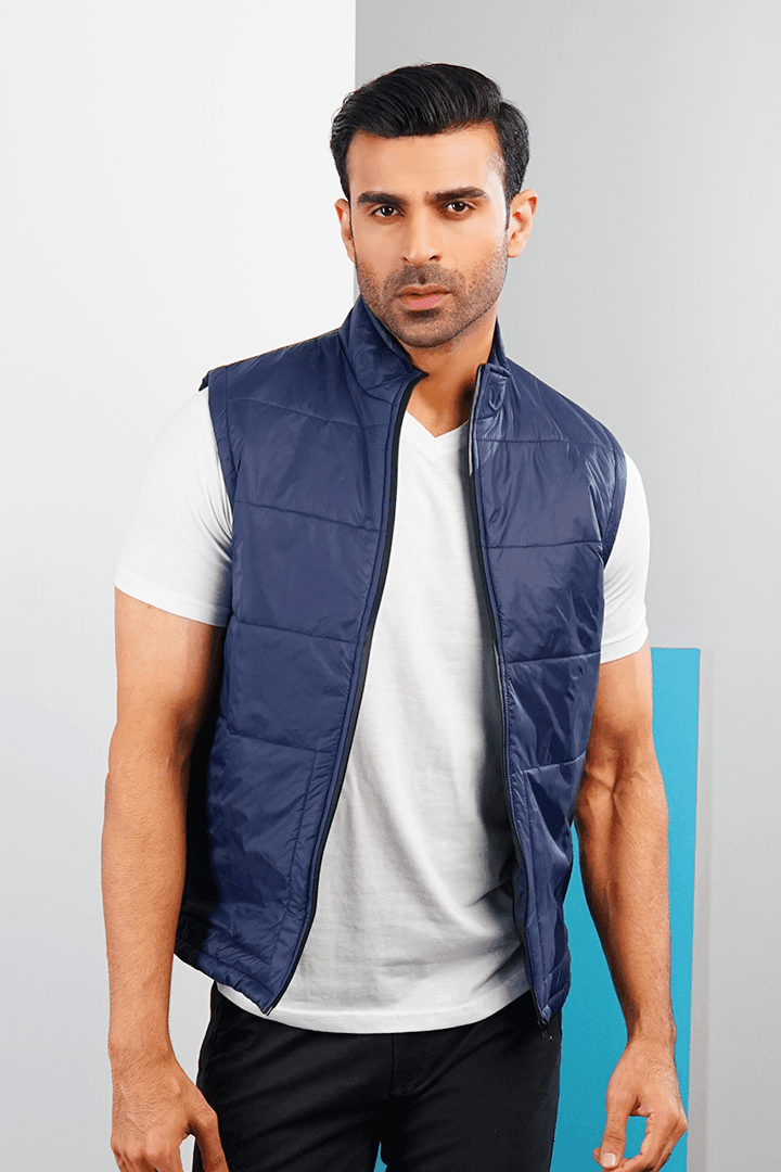 Metallic Navy Sleeveless Puffer Jacket-MENDEEZ-Jackets