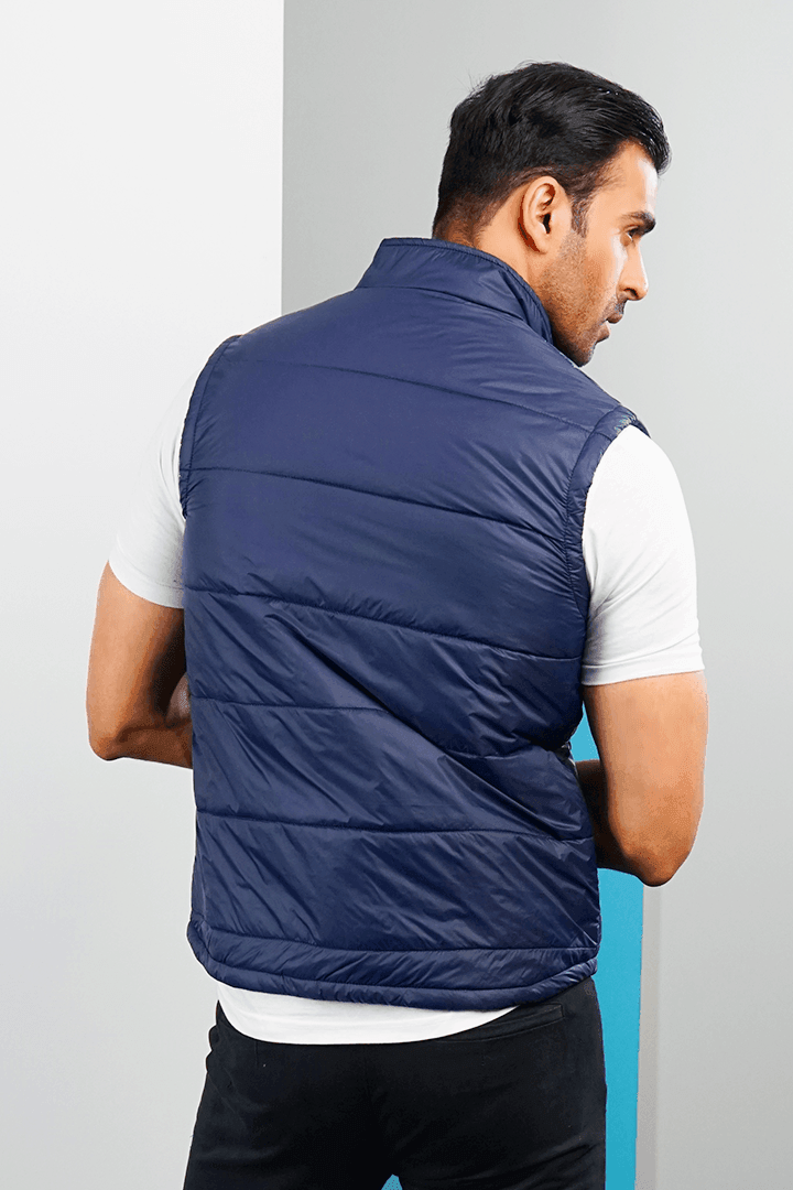 Metallic Navy Sleeveless Puffer Jacket-MENDEEZ-Jackets