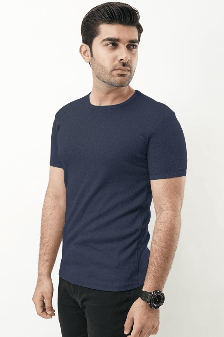 Ribbed Crewneck T-Shirt – Navy Blue - MENDEEZ (4737905557613)