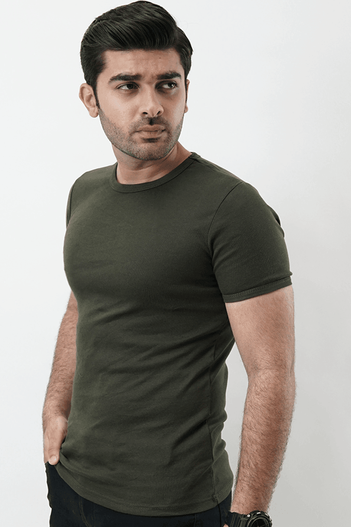 Ribbed Crewneck T-Shirt – Olive Green-MENDEEZ-T-Shirts